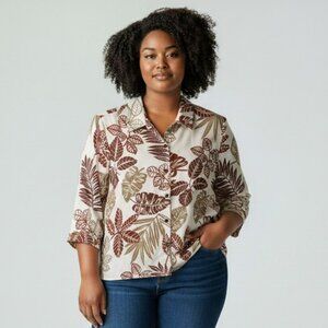 Alfred Dunner Womens Size 14 Brown Tropical Print 3/4 Sleeve Button Up Blouse